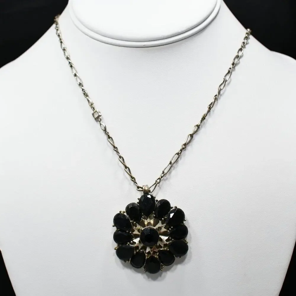 Lucky Brand Black Rhinestone Flower Pendant Necklace, 18 Inches, Distressed